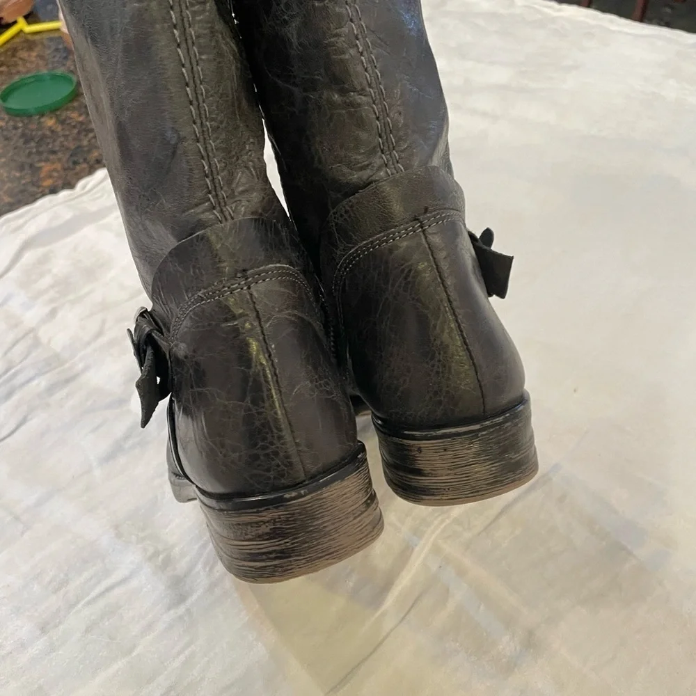 Bed Stu leather mid height tall riding boots round toe distressed side zip - Picture 3 of 12